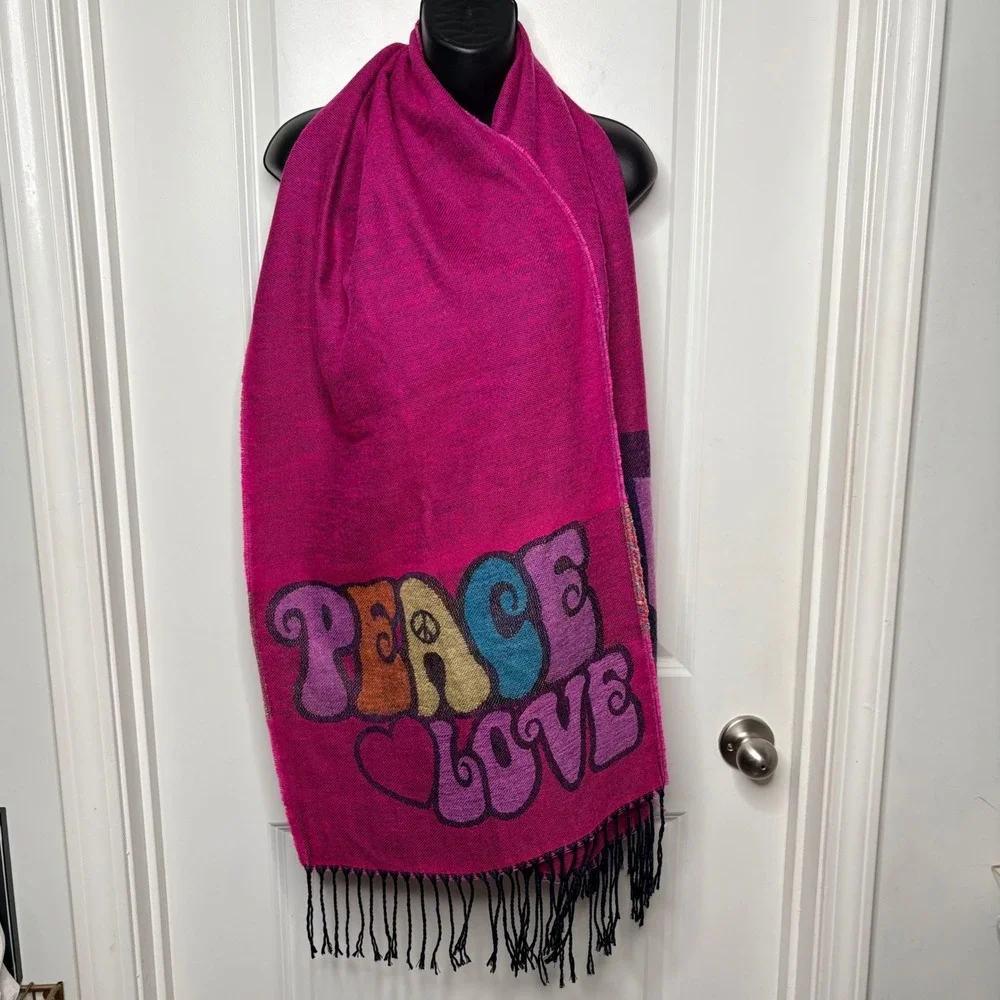 Peace Love Bright Magenta Graphic Scarf Recycled Polyester Fringe Wrap Pashmina